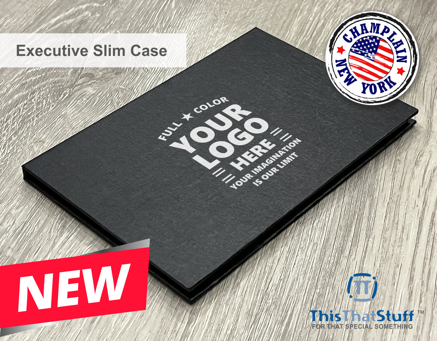 Executive Slim Card Case. Black linen finish with matte lamination ready for your custom logo or message.