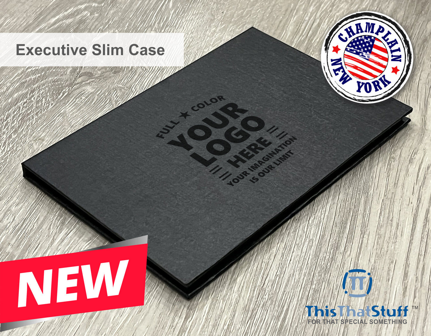 Executive Slim Card Case. Black linen finish with matte lamination ready for your custom logo or message.