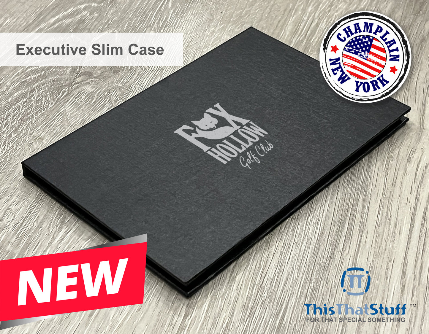 Executive Slim Card Case. Black linen finish with matte lamination ready for your custom logo or message.