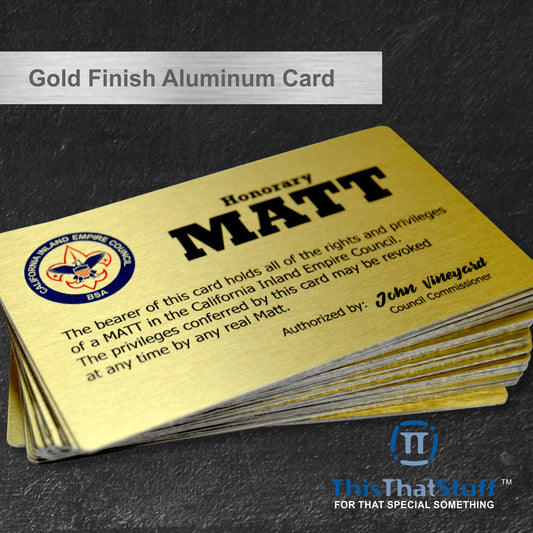 Custom Printed Gold Finish AluSwiss Metal Cards | Credit Card Sized | Aluminum for Membership Cards, Business Cards and Invitations