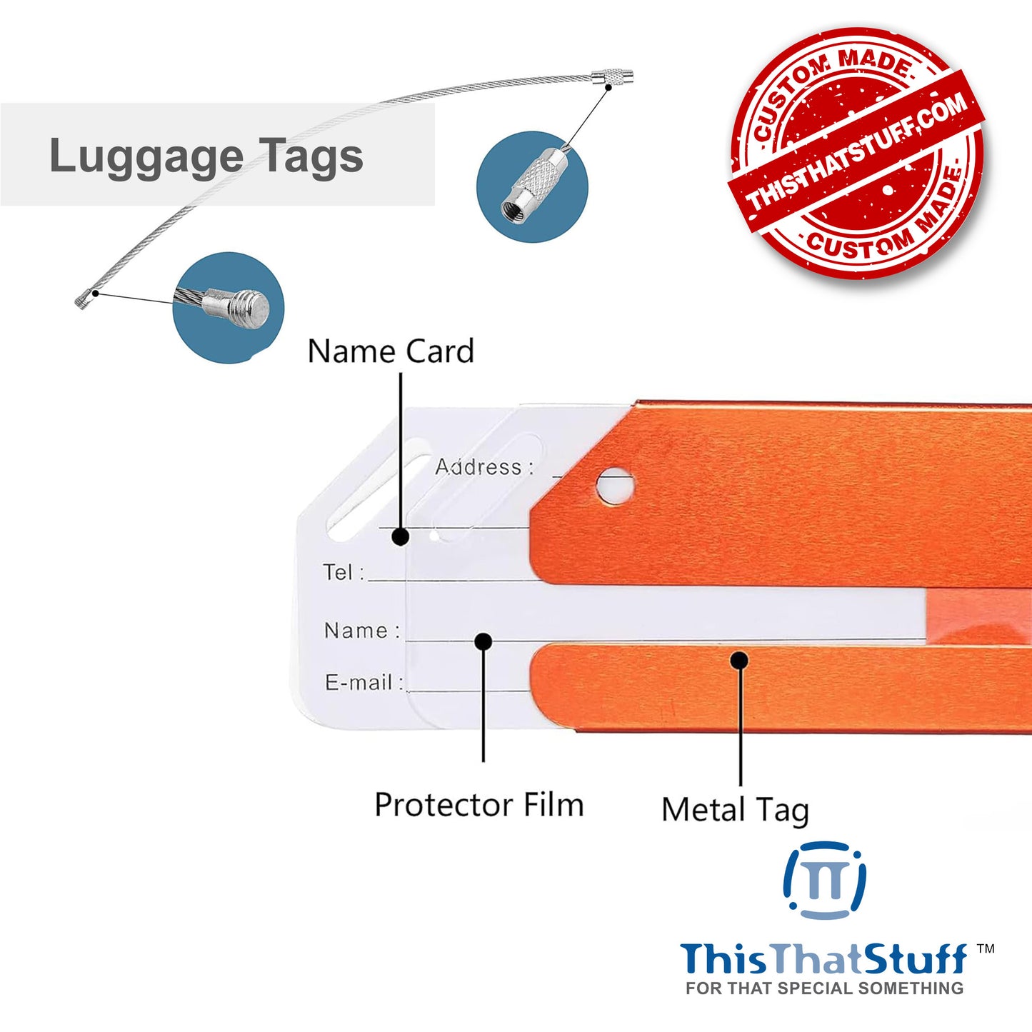 Custom Engraved Aluminum Metal Luggage Tags, Suitcase Labels with Name ID Cards and Stainless Steel Loops for Travel Flight