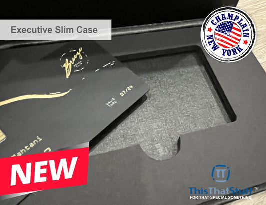 Executive Slim Card Case. Black linen finish with matte lamination ready for your custom logo or message.
